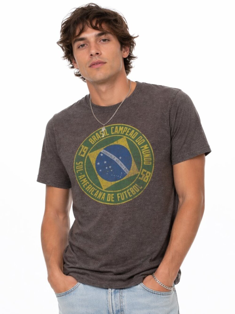 BRAZIL World Cup 1958 Futebol Soccer Champion Gray T-Shirt Mens Small